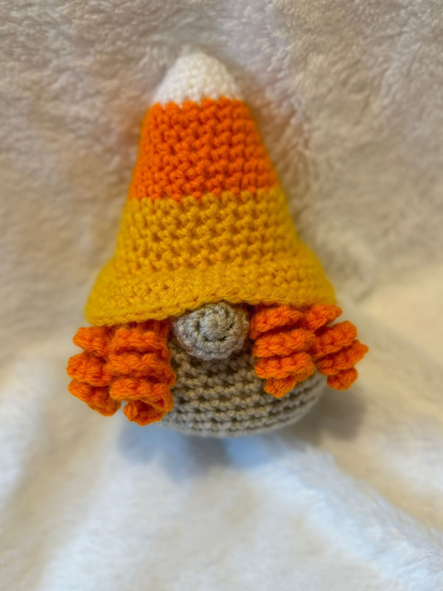 Crochet female candy corn gnome