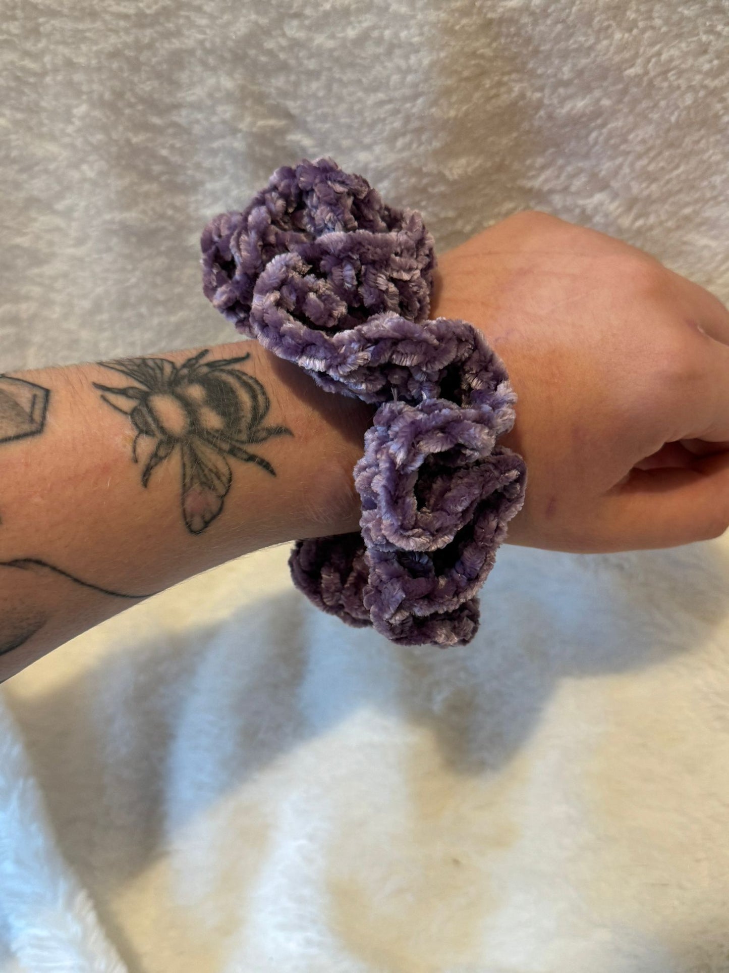 Crochet purple velvet hair scrunchie pair