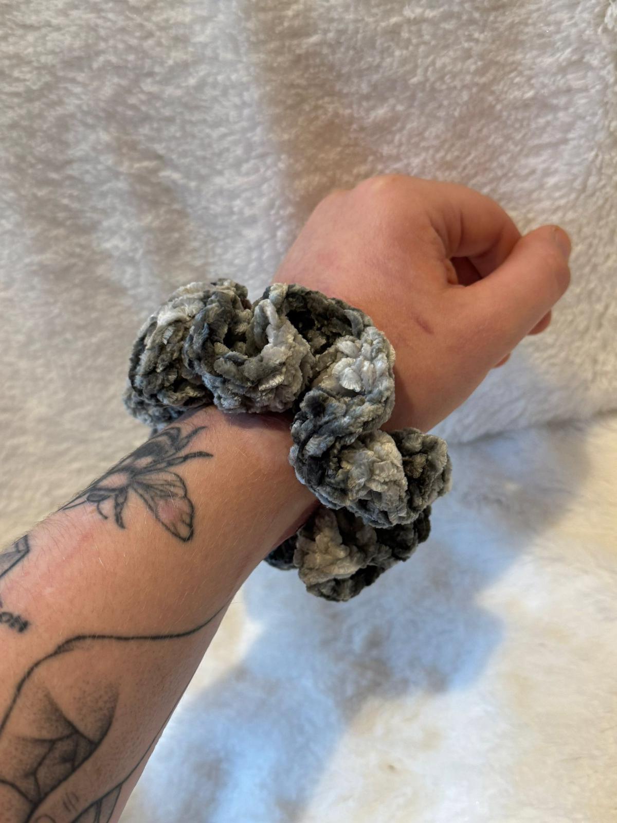 crochet gray velvet scrunchie pair